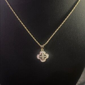 Gold Clover Pendant Necklace with White Enamel and Crystal Accent